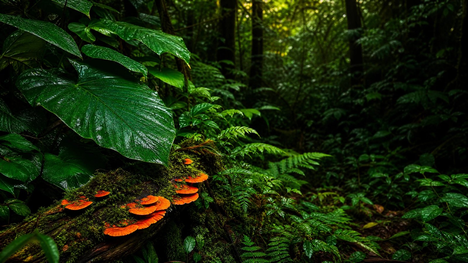 Vivid rainforest understory with glossy green leaves and orange bracket fungi